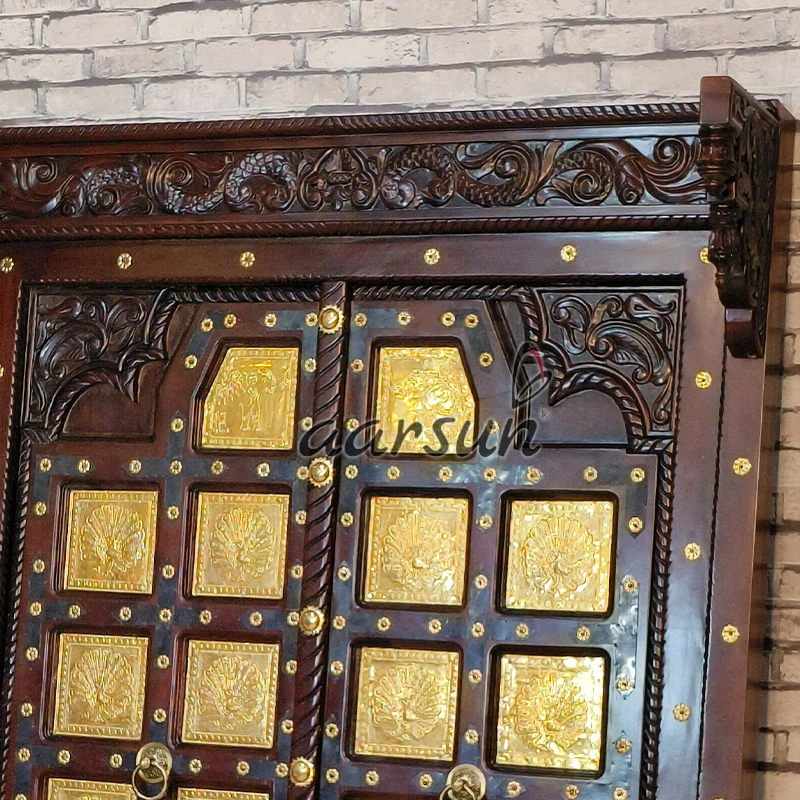 Premium Wooden Double Door with Ornate Brass Work view 4